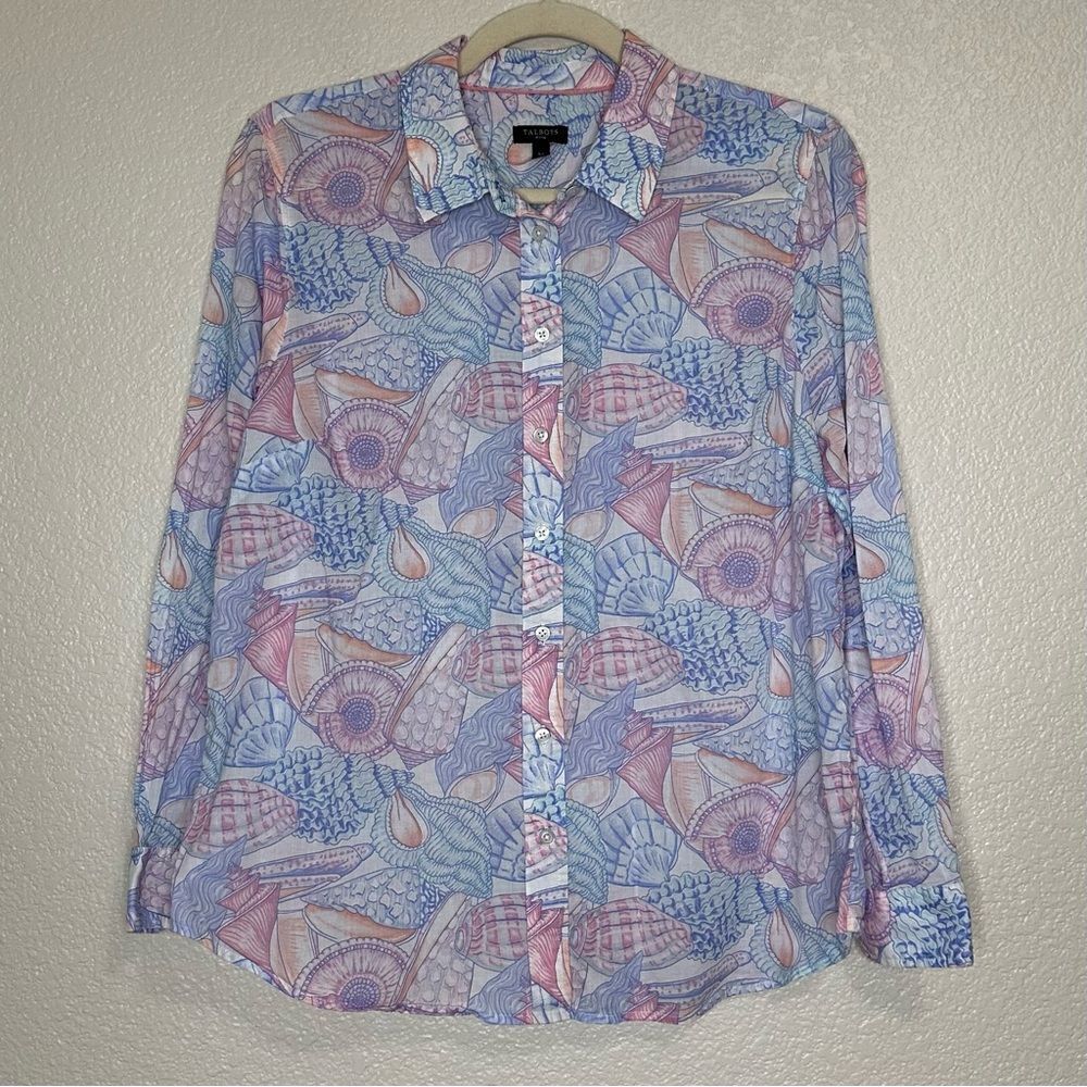 Talbots Seashells Print Long Sleeves Button Down Shirt, Sz Large Petite
